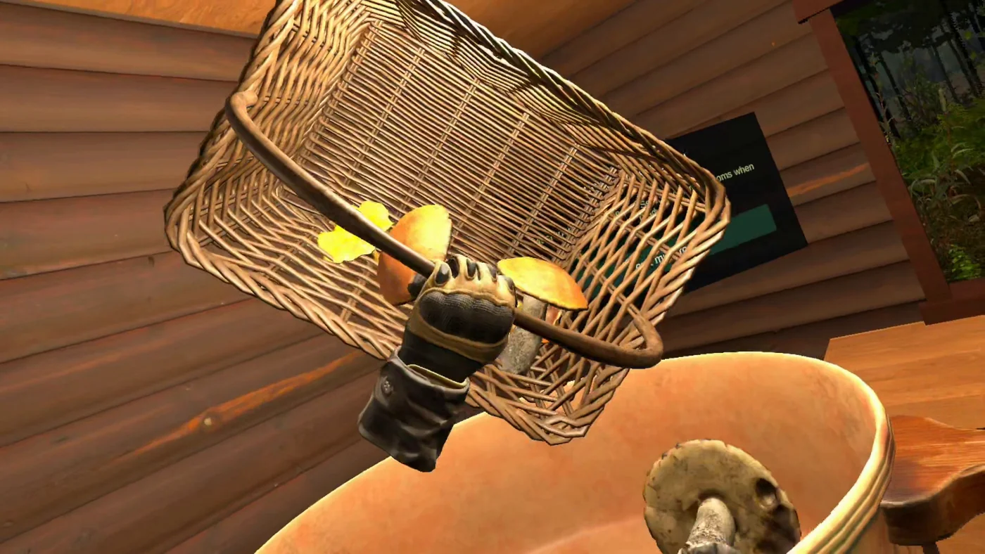 Mushrooms poured from a basket into the cottage cooking pot on Meta Quest.
