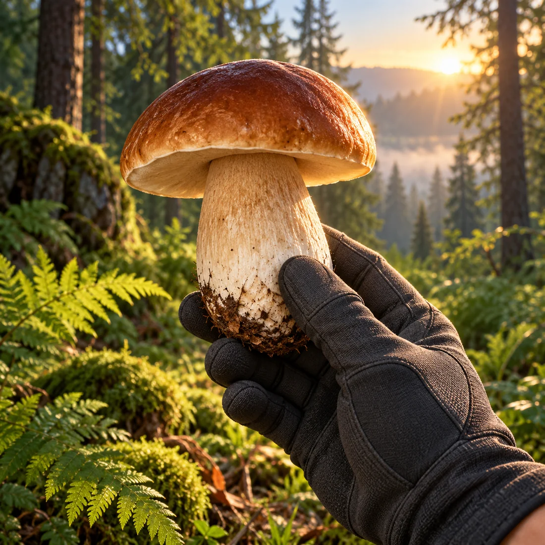 ForestVR cover illustration: a gloved hand holding a porcini mushroom in a sunlit forest.