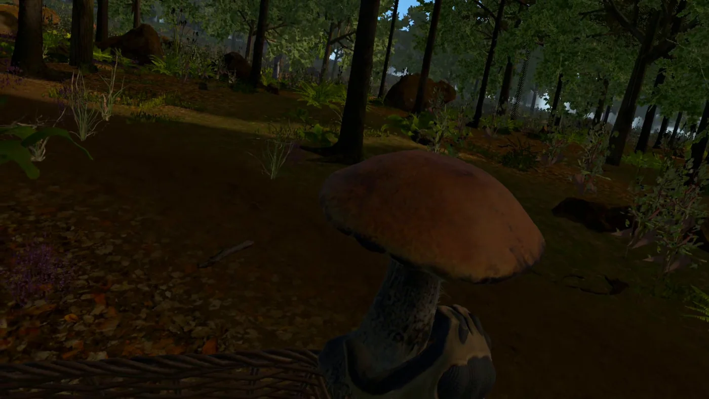 A player holding a mushroom in a gloved hand, recorded on Meta Quest.