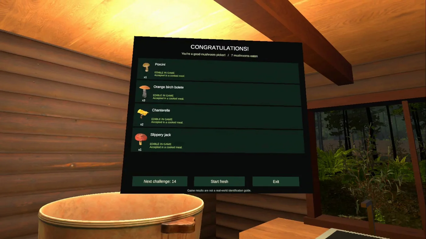 The successful mushroom meal summary, captured during Meta Quest gameplay.