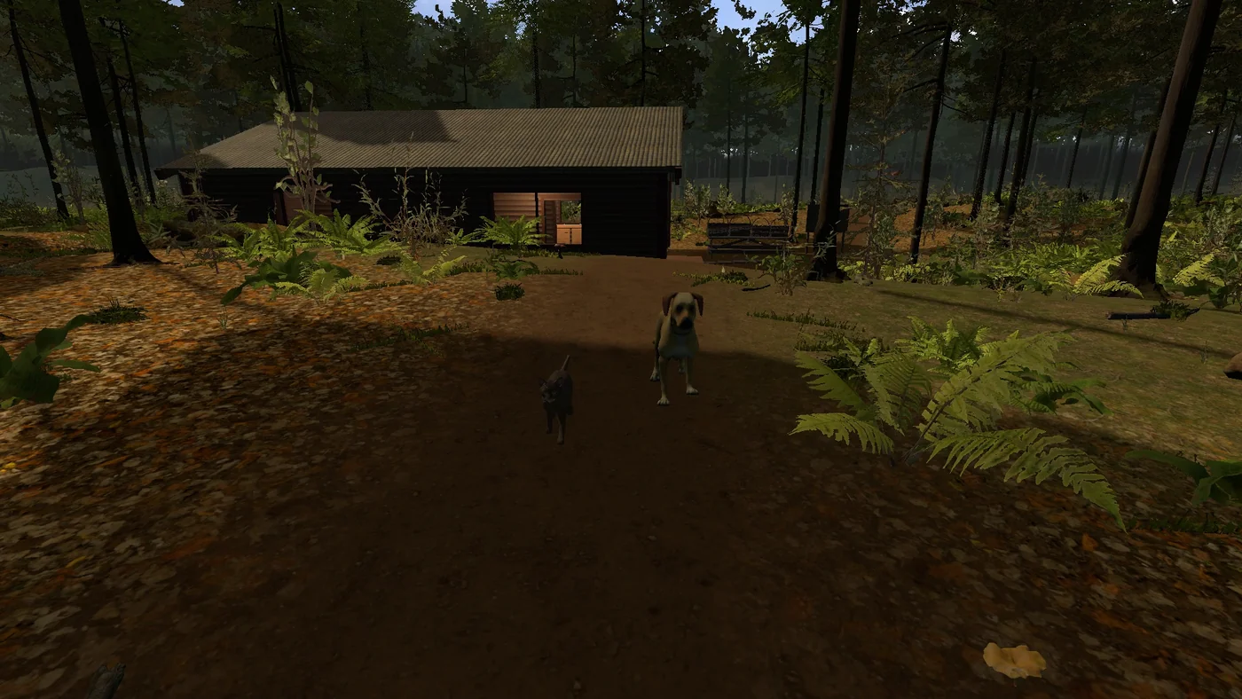 A cat and dog following the player in ForestVR.