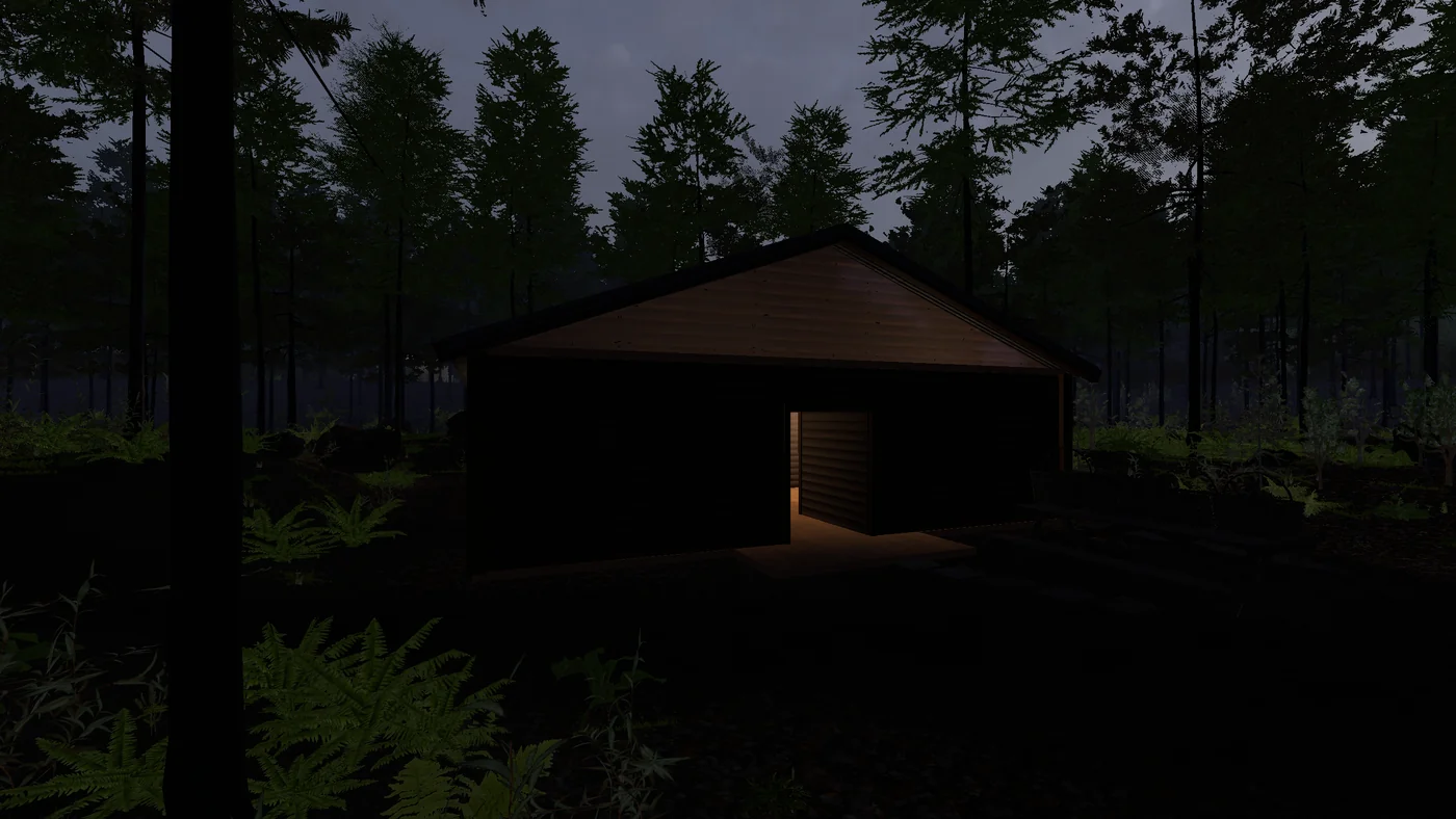 The ForestVR woodland as daylight turns towards evening.