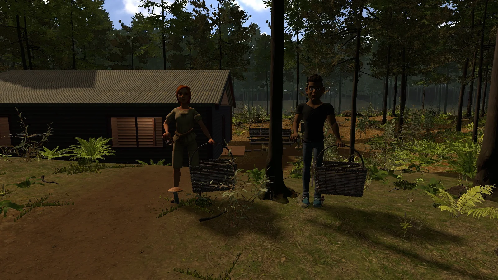 Male and female avatars with baskets beside the cottage; in-engine multiplayer demonstration.