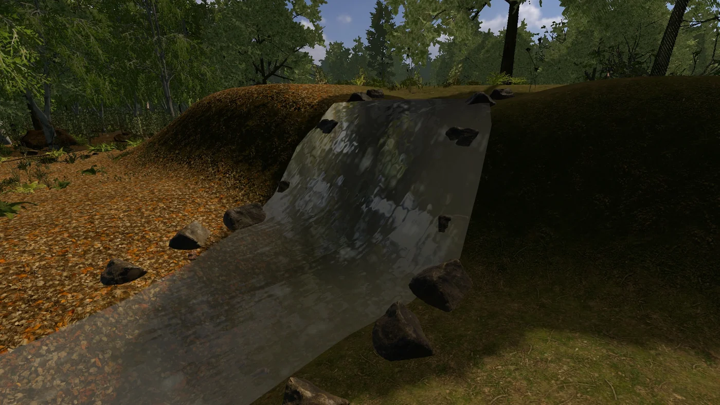 A rocky waterfall among the forest's discoverable locations.