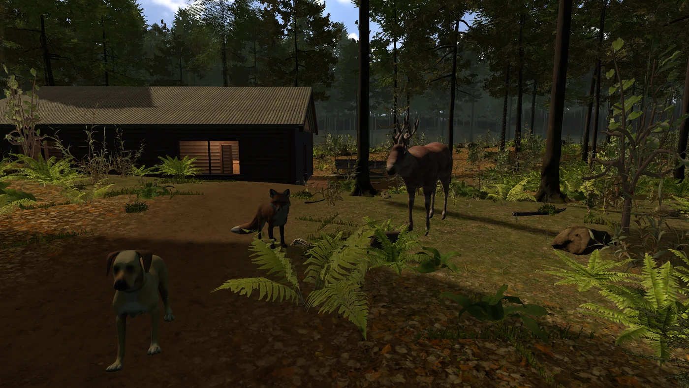 A fox and an antlered deer together in the ForestVR woodland.