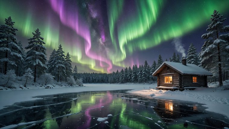 Aurora over a cabin